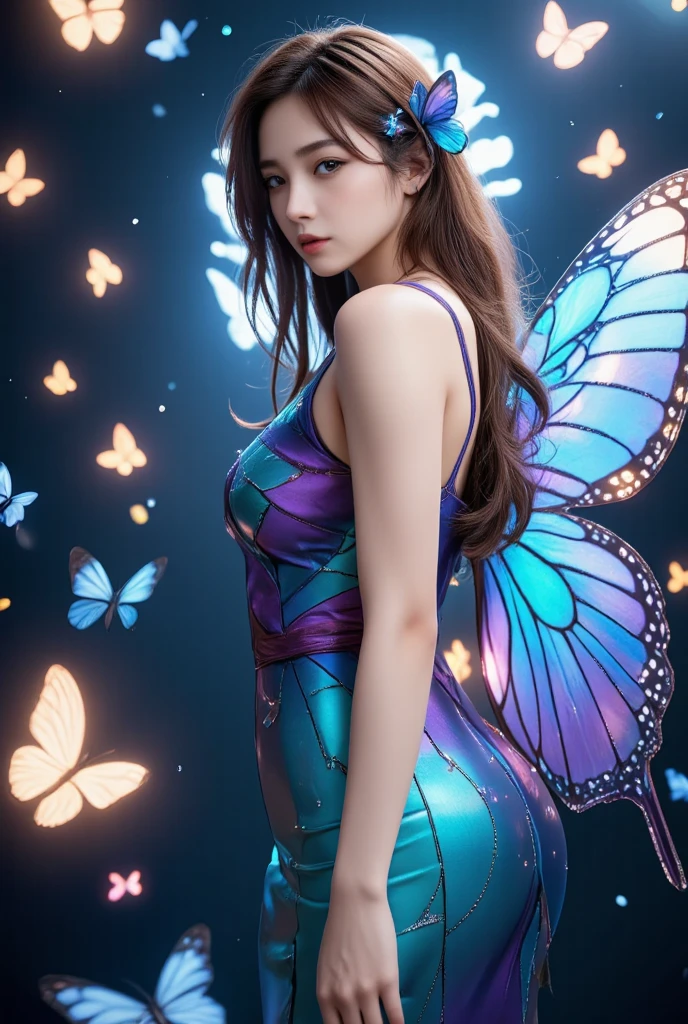 ((masterpiece, highest quality, Best image quality, High resolution, Realistic, RAW Photos, 8k)), ((Highly detailed CG synthesis 8k wallpaper)), A blue butterfly dancing in the starry sky, Giant butterfly wings seen from behind, (Blue Glowing Wings), Blue wings shining in the dark night, Fluttering summer dress,