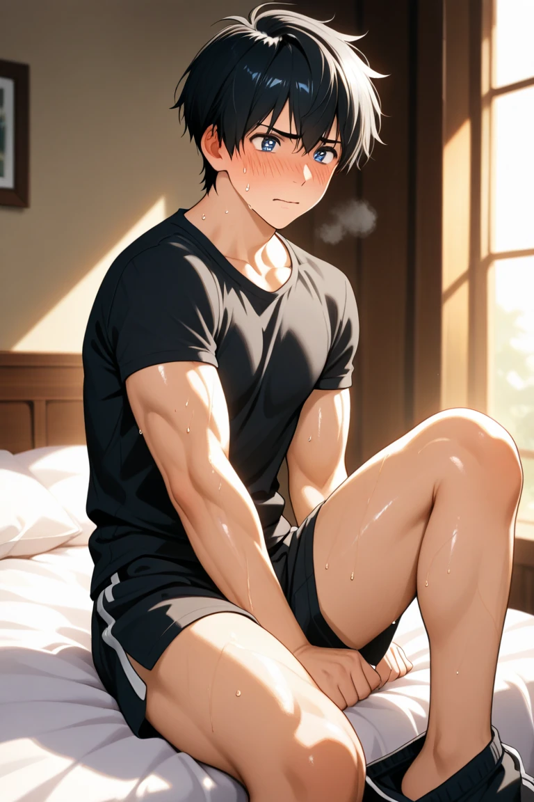 1 boy,sleepy,(half open eyes:1.2),18 years old,t-shirt,(boxer briefs),bulge in crotch,bedroom,(looking away),(detailed eyes),detailed skin,masterpiece
