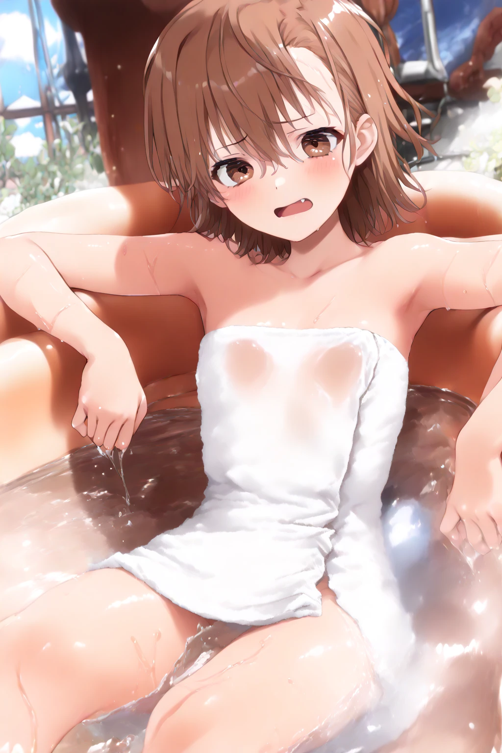 light brown hair, ahoge, high ponytail, orange ribbon, hair ribbon, hair between eyes, hairclip, food-themed hair ornament, short hair, brown eyes,, , empty eyes , large breasts, nipple, Running, ,, Heavy snowfall area frozen wet crying mountain Alone, crying, Naked, solo, 1girl, amusement park ,