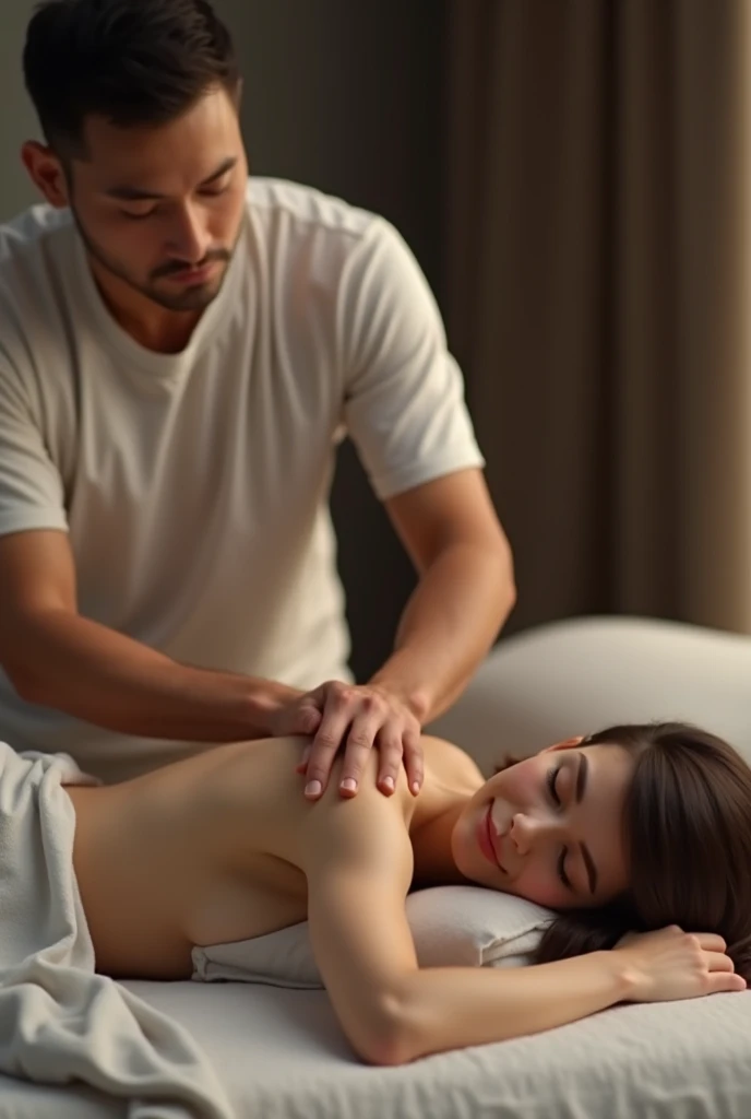 a man getting a massage from a female massage therapist, photorealistic, 8k, high resolution, best quality, masterpiece, professional, realistic, highly detailed, cinematic lighting, warm color tones, soft focus, intricate details, dynamic composition, moroccan decor