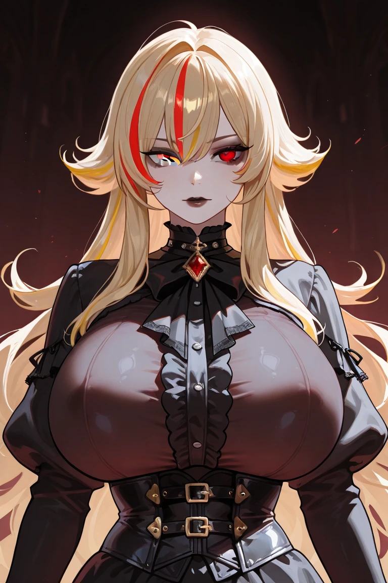 ((masterpiece)), ((best quality)), 1girl, adult, long hair, big bust, ((blonde hair)), very long blonde hair, ((intimidant look)), ((close-up)), profile image, green eyes, black and red clothes, sexy, dark colors, brillant eyes, ((coat with fur)), ((wavy hair)), exposed skin, ((sexy pose)), ((intimidant look)), good anatomy, ((dark sage clothes)), ((straight cut bangs)), emotionless, intimidant, ((beautiful eyes)), dark background, close up, ((detailed eyes)), beautiful eyes, ((detailed face)), hair bang, frontal look, evil, relaxed, smile, magical goddess othinus, abs, detailed face, eyepatch, huge tits, full body, ((detailed))