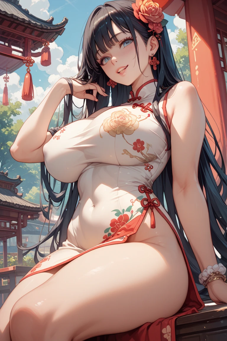 slim waist, slender torso, big pouty lips, coy smile, lips parted, blushing, almond-shaped-eyes, a Chinese beauty, 4k, 8k ), ((wide hips, thick thighs)), huge breasts, boob squish, sitting demurely on silk bed, legs crossed, backlit, looking at viewer, low camera lens shot (masterpiece), (best quality:1.2), absurdres, intricate details, (highly detailed skin:1.2), ((luminous)) (((vivid bold color))) ((cinematic presentation)), long curly black hair, blue eyes, (((SOLO))), (((CLEAVAGE))), long braided ponytail, martini glasses on table, corset and stockings, tonight's girlfriend, gold jewelry, silk pillows, bare shoulders