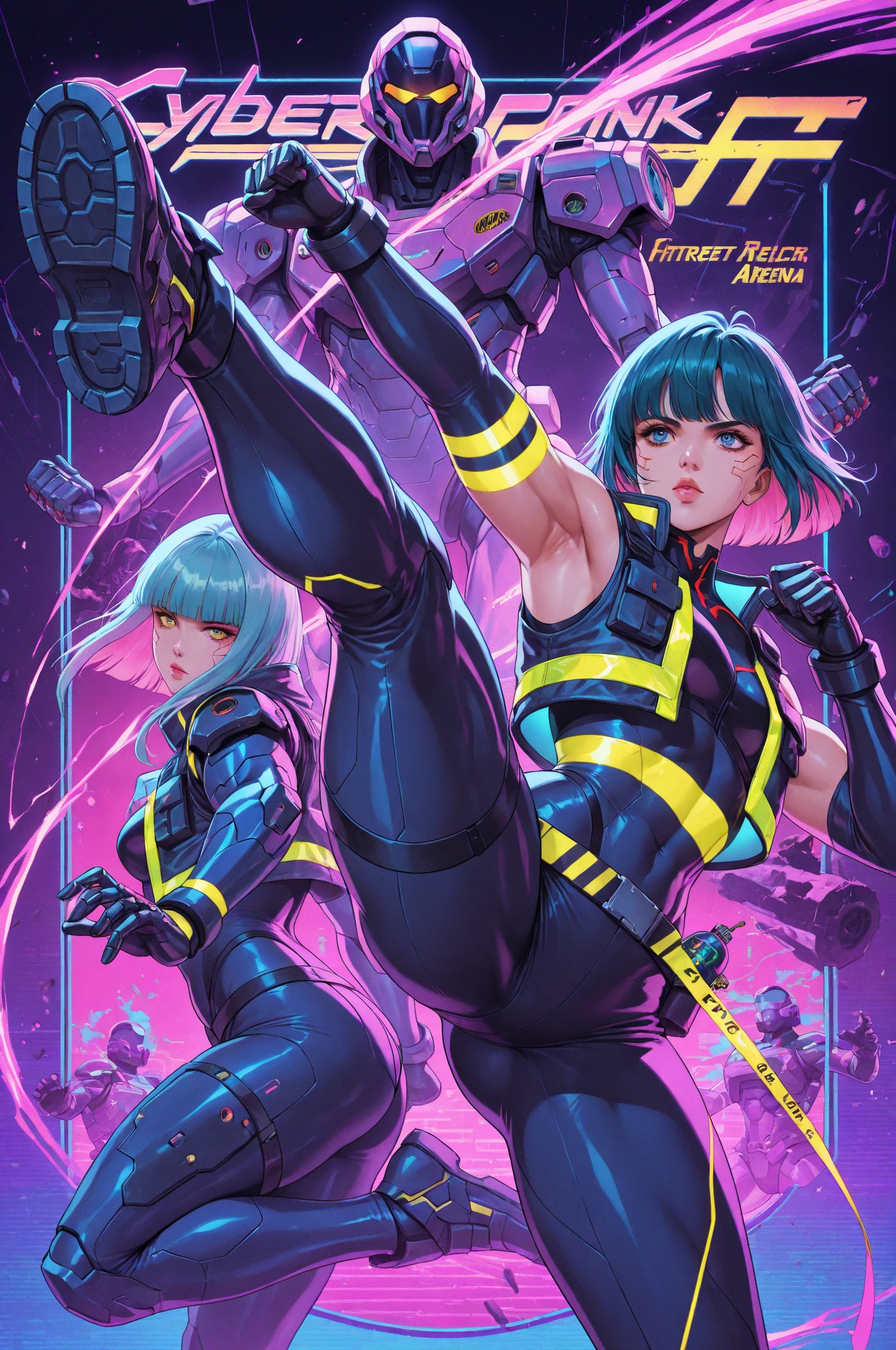 High detailed, 2 girls, kulams, side ponytail hairstyle, parted bangs, leaf-green colored hair, muscular, bodybuilder, yellow kula's clothes, kula's gloves, medium bust, strong body, twins