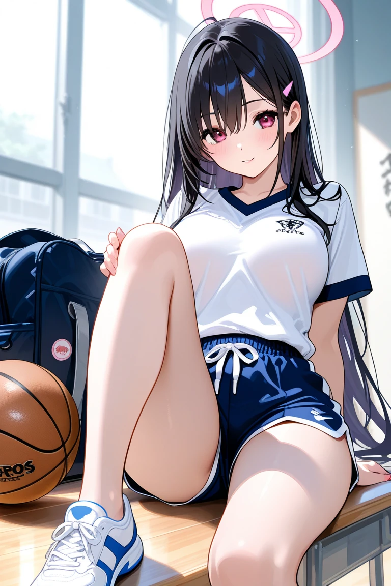 1 girl standing, wearing basket ball shirt, very detail, realistic, holding ball, 27 years old, long hair