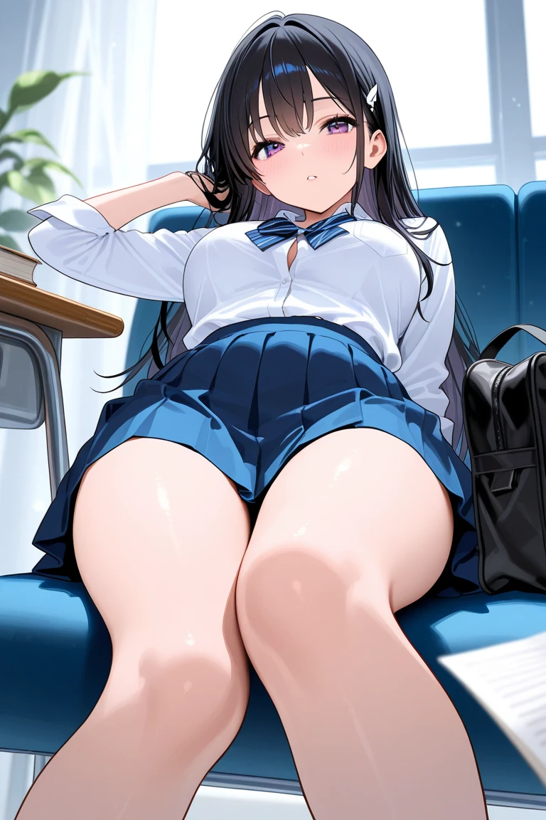 masterpiece, High resolution, perfect face, Japan beauties, 30 years old, beautiful face, white background, high school student, skirt, embarrassed look, look at the camera, (top quality eyes), detailed texture, Look at me, Married woman, cool women, ((high resolution eyes)), hentai, from below angle, sitting on the chair