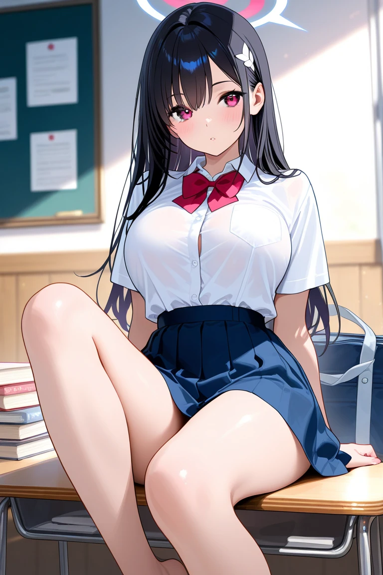 1girl absurdres arm_support black_hair black_skirt blush breasts bursting_breasts chair classroom cleavage closed_mouth collared_shirt curtains desk grey_eyes hair_between_eyes highres large_breasts looking_at_viewer mole mole_on_breast neropaso original panties pleated_skirt school_chair school_desk school_uniform shirt short_sleeves sitting skirt socks solo spread_legs underwear white_panties white_shirt white_socks window wooden_floor