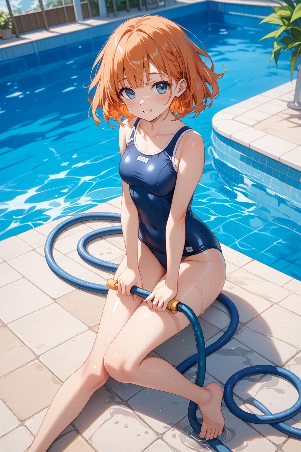 masterpiece, best quality,acgirl, bun cover, multiple girls, 2girls, double bun, swimsuit, hair bun, food, one-piece swimsuit, school swimsuit, aircraft, airplane, innertube, water, day, popsicle, barefoot,(kbxll:0.5)