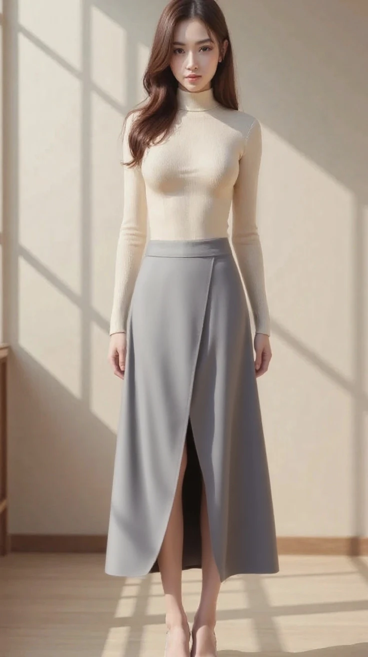 Portraiture、(masterpiece,Highest quality,Ultra-high resolution),Japanese women, (((Very beautiful 25 year old girl))),Long sleeve sweater、((Satin Mermaid Long Skirt))、The skirt is ankle-length、