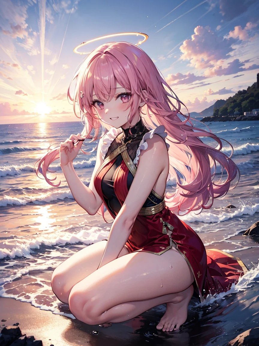 Ultra detailed, Highres, absurdres, HDR, master piece, Haruno Sakura, pink hair, short hair, expressive green eyes, Naruto Shippuden, woman, extremely beautiful, solo, beach, red bikini, water, glittering, petals, fantasy, magical, green leaves, seashells, ocean, sea, sunset, sensual