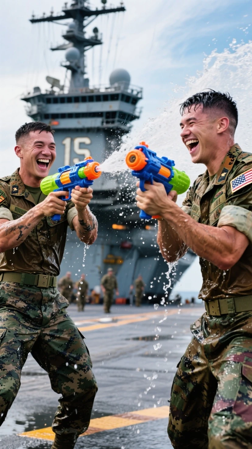 two buff surprised soaking wet twenty year old frat bros with soaked hair wearing soaked hockey uniforms dunked in a melting hockey rink. several hockey players in briefs pour buckets of water over them.