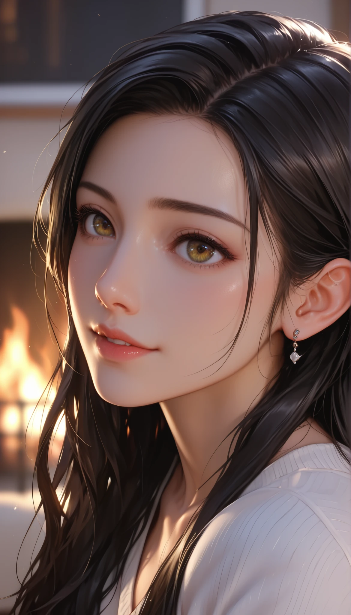 Close-up details, realistic style pictures, black hair, long hair, excellent style in the fireplace room, tall from the school building, cute, When I was a teenager. Use soft lighting、Cast Shadows Friendly to the Subject, detail、 adds depth to the image , score_9, score_8_up, score_7_up