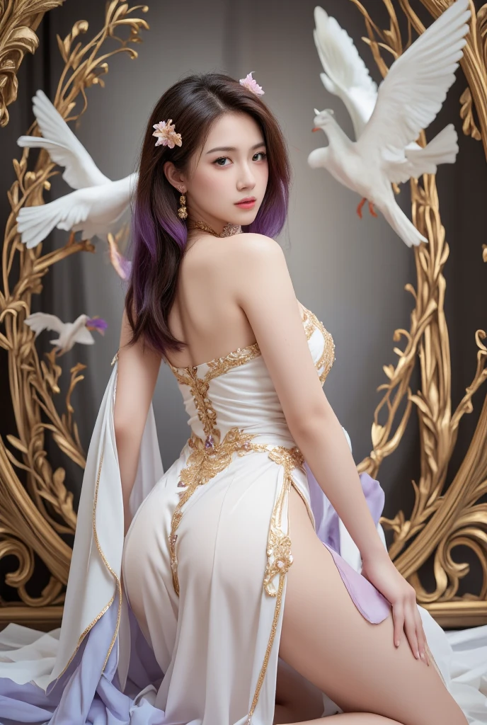 1femmel、(Super Belle)、(visage magnifique:1.5)、Reine de la course japonaise (turned her back to show off her pretty ass)、grand、(with the legs spread:1.2)、(soutien-gorge et culotte blancs)、(shows off her ass while looking at the camera), (talons hauts)、Makeup、cheveux bruns、Collier de luxe、Un bracelet、Cheville、(Tournage en studio)、background dark、Chez SFW