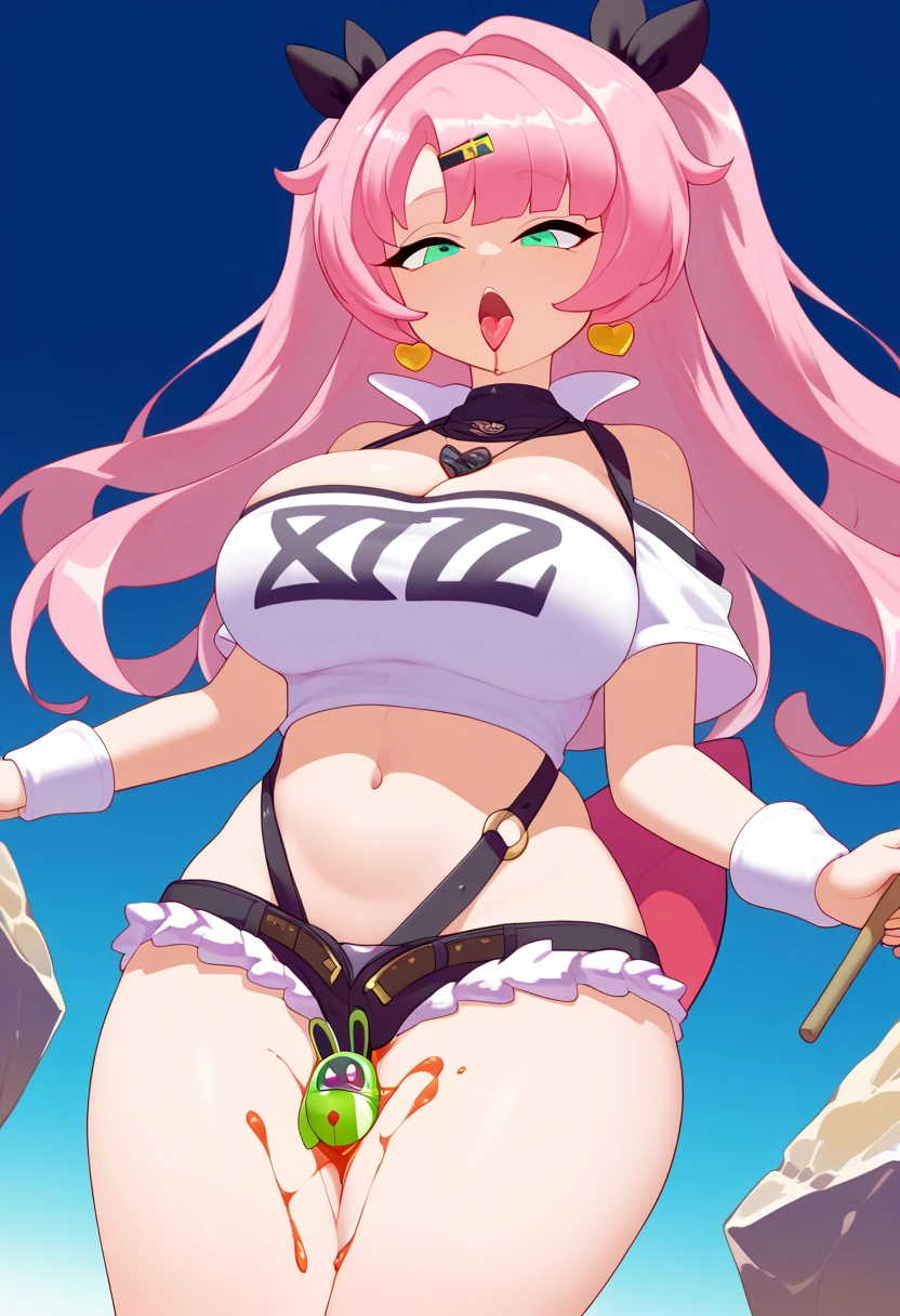 ((Brown skin))((Highest quality)), ((masterpiece)), Super Breasts,Thick legs,Big ass.Magical girl.Pink Hair.Dark skin.Magic Wand. Long Breasts
.long boobs.White school swimsuit.Chest Curtain.sperm.big boobs.huge boobs.large boobs.