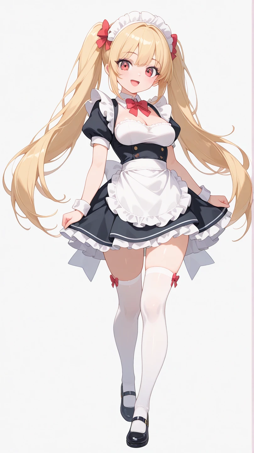 1girl, solo, asuna, long hair, large breasts, cleavage, (maid outfit, thighhighs), standing, (glowing red eyes), (from below view), red background