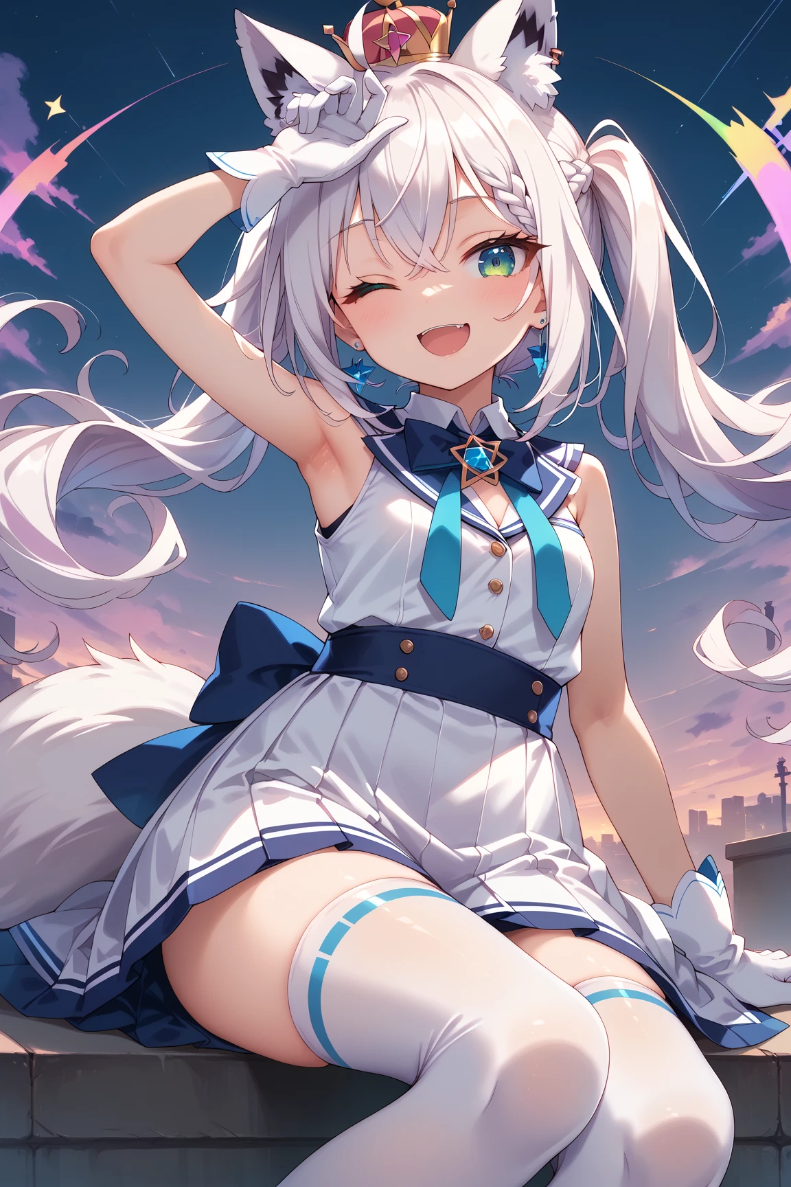 "(masterpiece, best quality:1.2) + cowboy shot + solo + 1girl + vestia zeta + virtual youtuber + smile + looking at viewer + hair ribbon + hair ornament + white dress + single thighhigh + thigh strap"