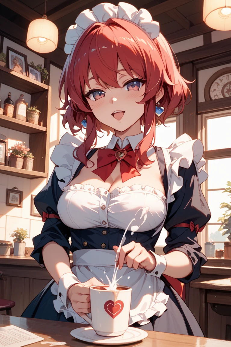 score_9, score_8_up, score_7_up, source_anime, 1girl, red hair, short hair, messy hair, red eyes, dark skin, cat ears, very large brests, eyeglasses, naughty face, micro bikini maid, headdress, blouse, skirt, apron, areola, private room, mansion,