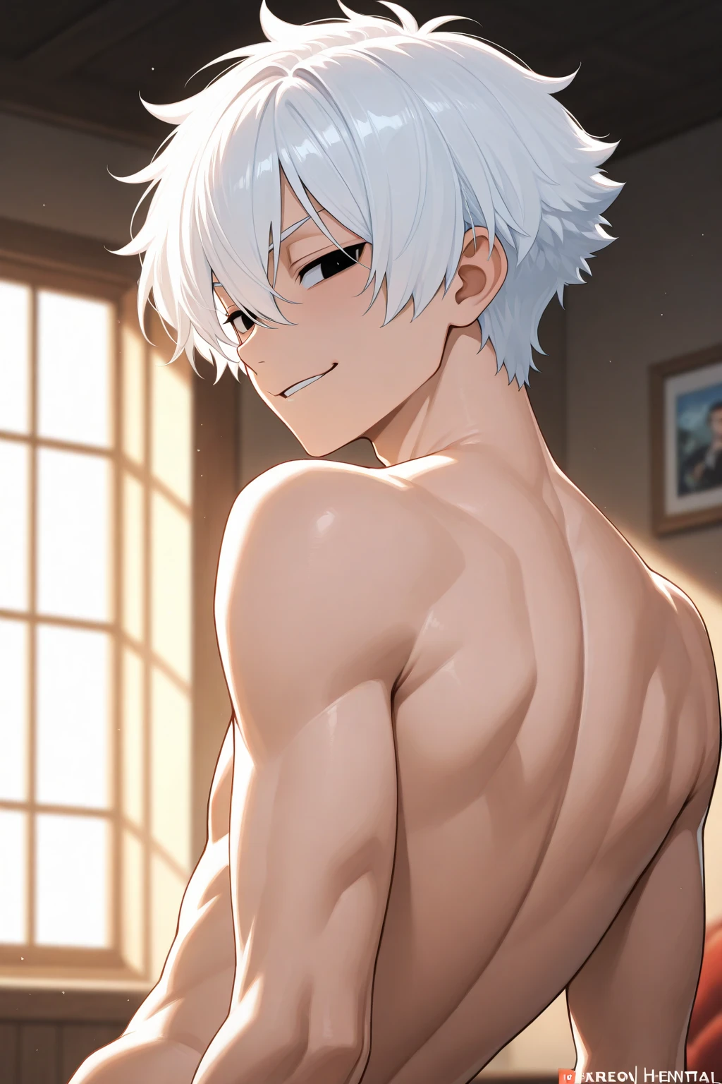 anime art, 1boy, solo male, male focus, highschool boy, beautiful boy, neck length white hair, small red droopy eyes, he has fair skin, he is naked, he is slender, slender body, he is smiling, he is in bathroom, ultra-detailed, ultra quality, high resolution, hdr, masterpiece, cinematic, detailed, absurdres
