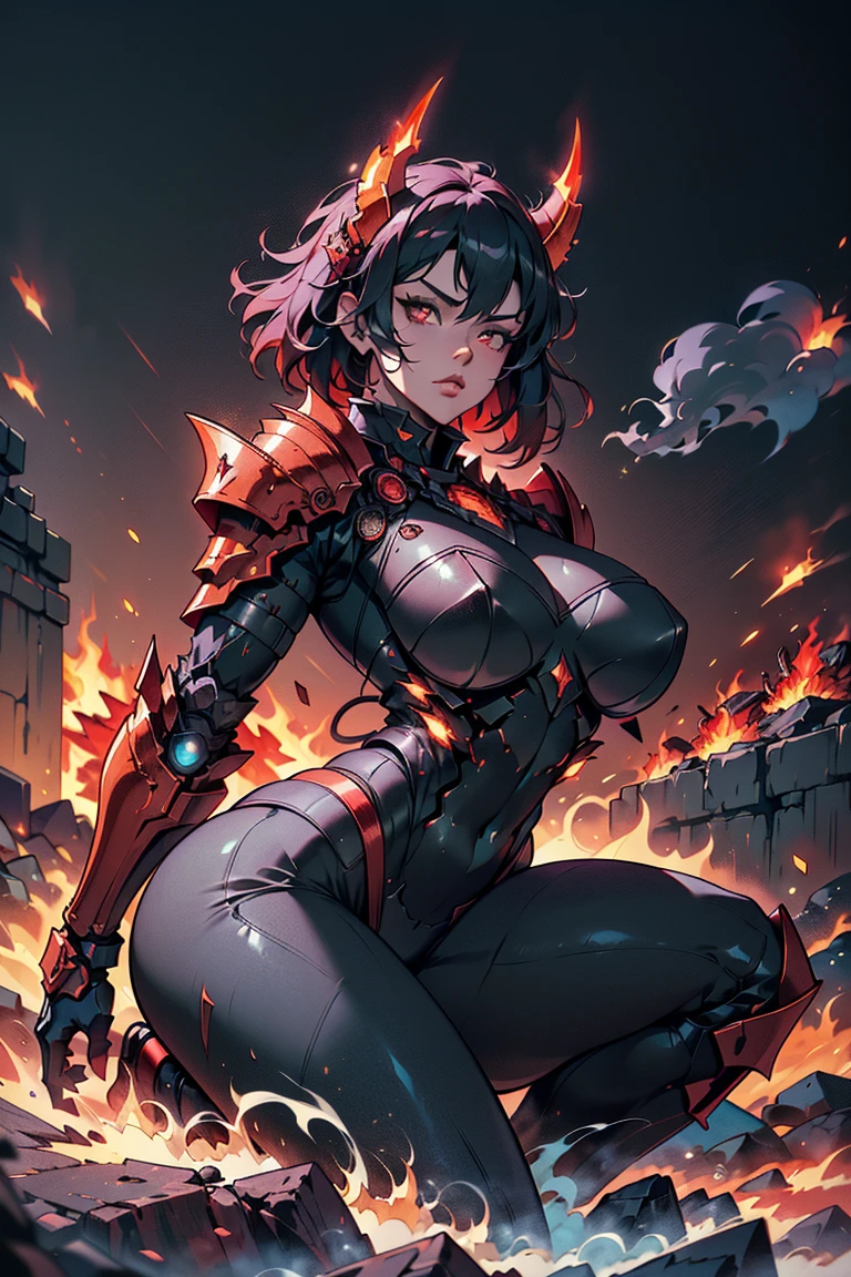 girl, (hotify:1.2), (oni:1.4), (Ancient,Lava Background:1.4),Toned Body,Oppai,(Thigh straddling),Short Hair,Roach hair,(mauve Corset,cyan Straight Pants:1.3),mahou shoujo madoka magica,V-kini ,(masterpiece,detailed,highres:1.4) <lora:suspense_anime:0.6>