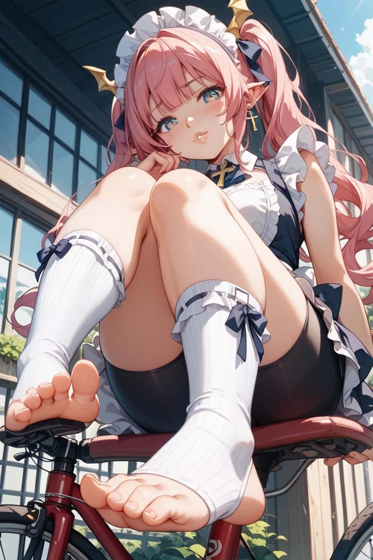 (8K、Top image quality、top-quality、​masterpiece)、A detailed face、1 girl in、A pink-haired、short hair、blunt bangs,、twintails、wavy hair、black eyes、piercings、smirk grin、Moderately breasts、Pink ruffled clothing、off shoulders、a black ribbon、Black pleated skirt、a miniskirt、White Socks、Leather shoes、Thick bottom、squatting、hands on own face、((white thong))、Taken from below、Downtown background at night