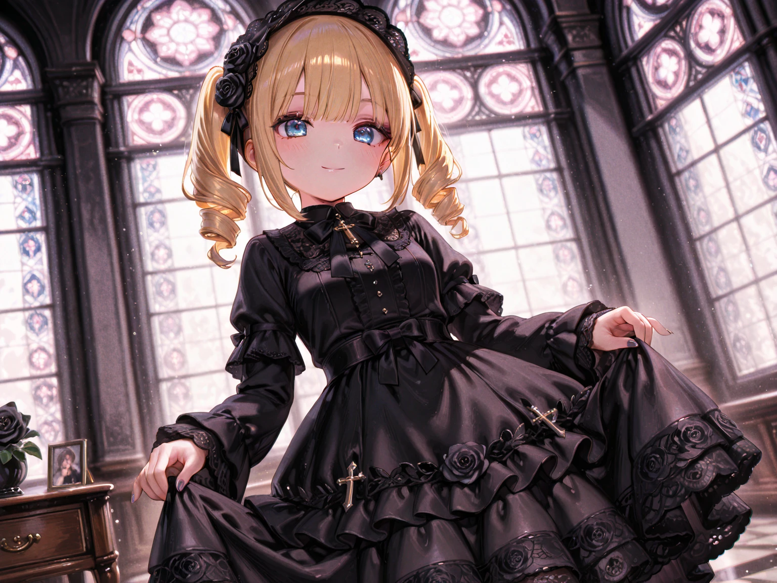 braided bun 
hazel eyes, 
light vermilion hair, 
long hair , 
hair_pulled_back, 
hair flaps , 
whiskers, 
nose blush , 
head_tilt standing , kawaii petit child childish innocent ankle-biter 1girl 8yo, star-shaped pupils small_star symbol in the pupils and iris, ((skindantation)) ((flat chest)) +++, extremely detailed character, (an extremely delicate and beautiful), solo focus, straight-on, dramatic angle, depthoffield, (expressionless languorous cute, beautiful detailed eyes lower eyelashes eyelashes, intricate:1.3 ((Gothic Lolita)) ((Frilled)) dress,skirt, Headdress, bowknot, (((hair ornament))), hair flower, eyeliner skindantation black fishnet_pantyhose, garter straps, Lace, cross-laced footwear, frilled blouse ribbon-trimmed sleeves), bloomers [background(building architecture, stained glass ((gothic architecture)) church, (castle), [fantasy])] stained glass candlestick chain iron prison, St. Peter's Basilica, vachican, +++ 
coral eyes, 
vivid iridescence hair, 
medium hair , 
crown braid,french braid, 
wavy hair , 
hair_pulled_back, 
sideburns , 
:>, 
embarrassed , 
+++, +++ extremely quality extremely detailed deep-silky-healthy-lackwarm-foundational-soft-skin, illustration high resolution, contrapposto glow shine like opal, <lora:_flat2:-0.3:ALL> <lora:_hipoly3DModelLora_v20:0.3:NF> hiqcgbody ++ Faint lips,UC:realistic cute anime face cinematic angle Girl at the front dynamic pose