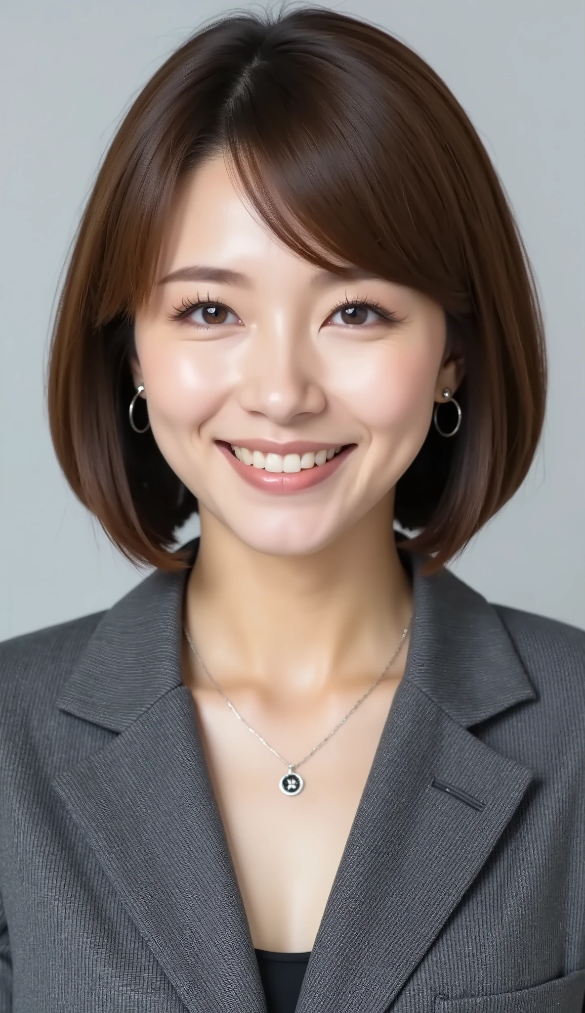 nsfw、From front、Japanese in a グレーcollarless suit、カメラ目線、22-year-old female minister、、A-line bob(angled bob・inverted bob)、、during regular press conference、(bust up shot:1.5)、ネックレス、耳にピアス、歯を見せた笑顔