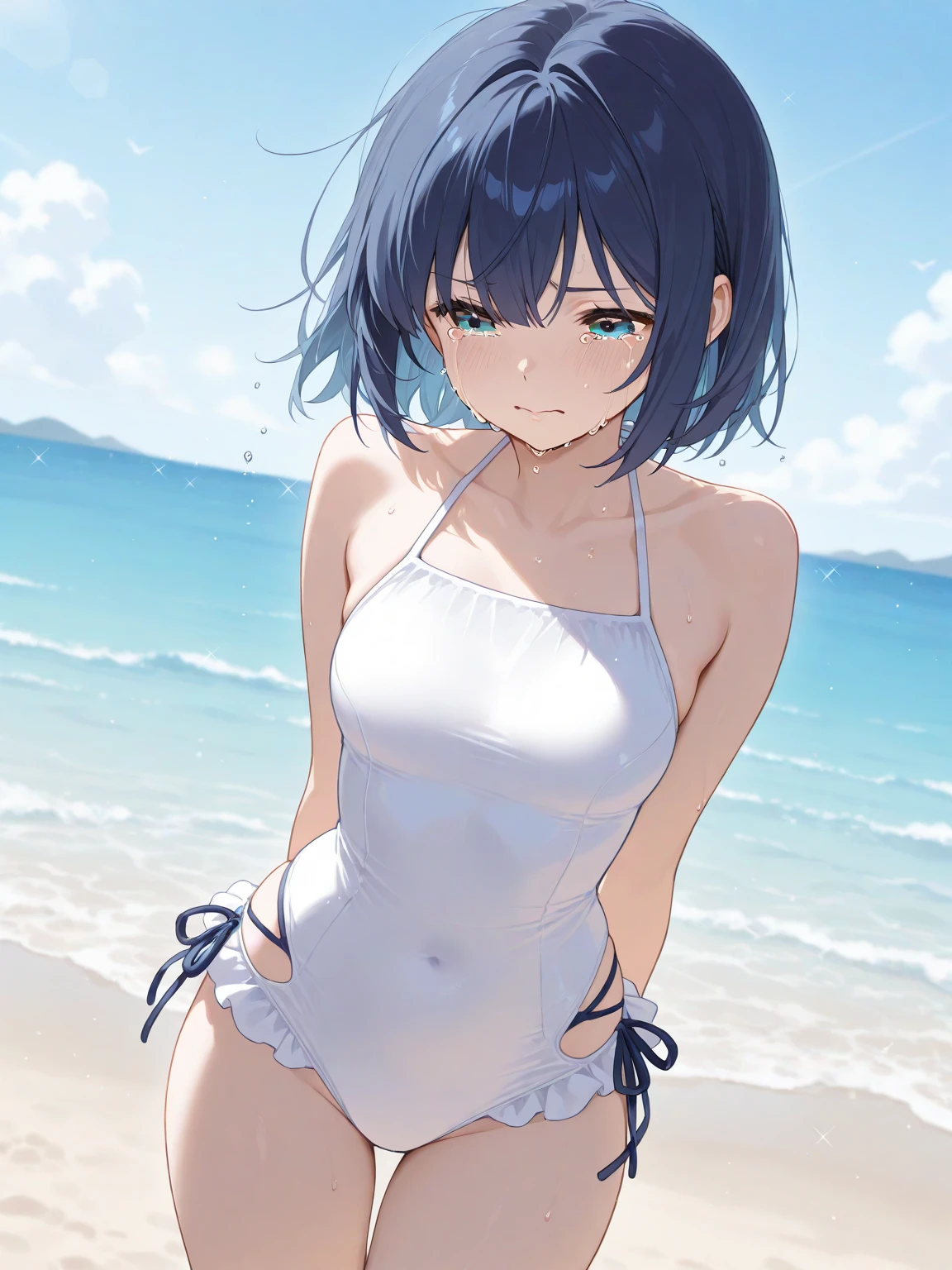 Shy woman blushing、She wears a black bikini with a black ribbon over her breast.、She is wearing a see-through cardigan、She is wearing navy blue denim hot pants、This is a beach on a southern island.、She has brown, short lob hair.、She has small breasts、Her breasts are slightly fuller、Her breasts are a B cup、Her breasts are slightly swollen