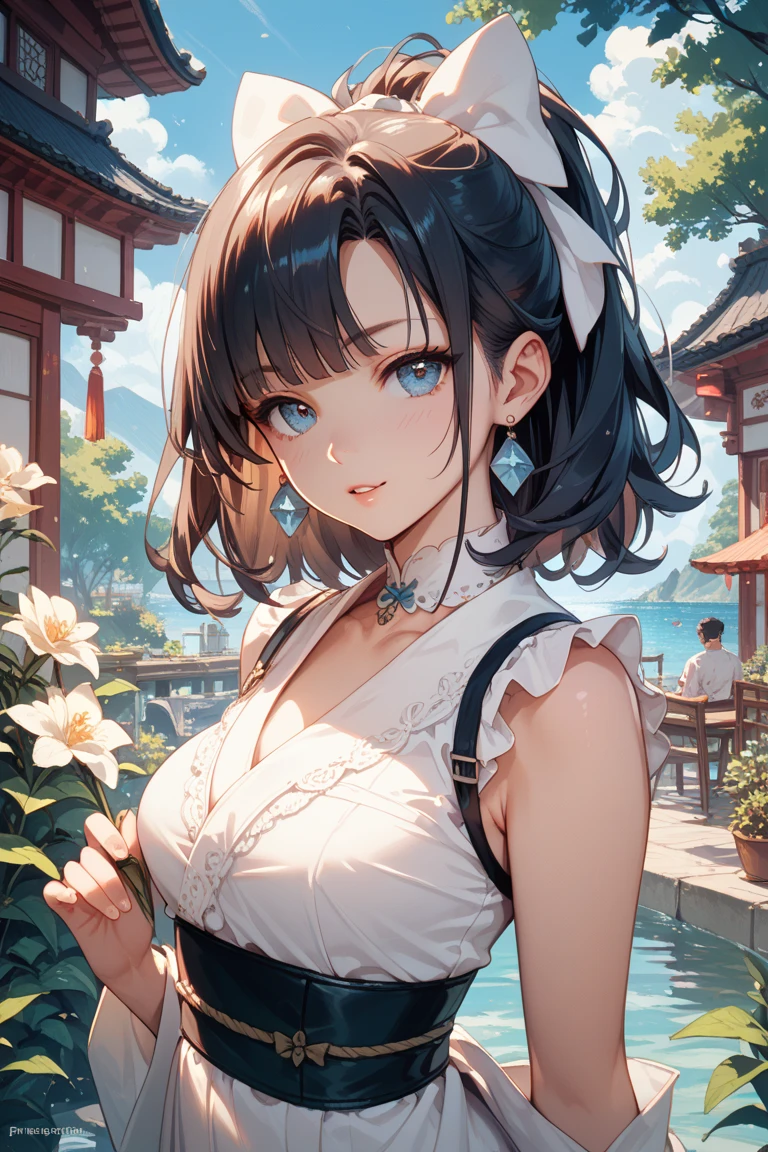 (masterpiece),(best quality),(Very detailed),(Implications),(Ultra-high resolution)girl,Fox ears,Off-shoulder clothing,White maid outfit,Navel,amaze,tutor,Black hair,Long straight hair,White shirt,Mature woman, Blushing very hard, 19 year old female,Large Breasts,Pout ,A top-down view,Close-up photos,Smoke willow painting bridge,Wind curtain,Jiangnan Town Outdoor Scenery,landscape painting