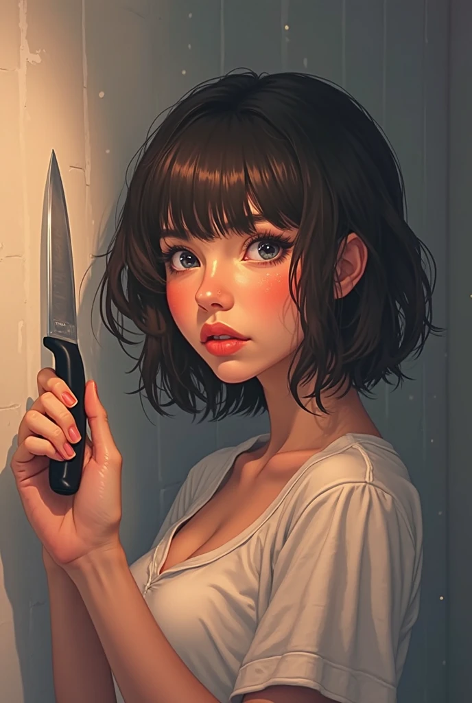 yandere woman, student aesthetics, with a knife in his hand, is standing in front of the door, It&#39;s yandere.