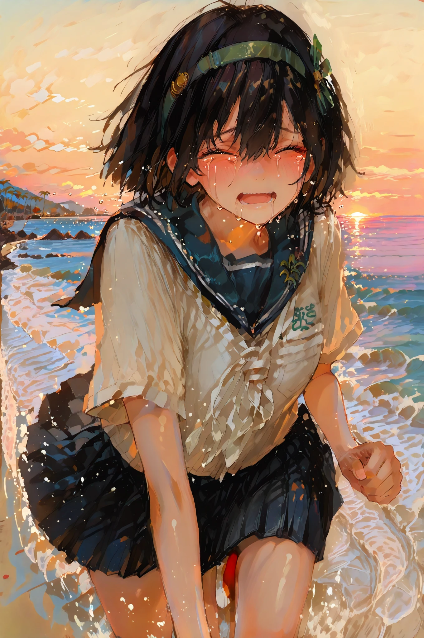 Gadis usia 18 tahun,short black hair shoulder line. Has headband accessories. has a small mole under the right eye, wears japanese school uniform, running on the beach , crying expression loudly, sunset atmosphere, background di pinggir pantai, hd resolusi,4k, nostalgic atmosphere and atmosphere.