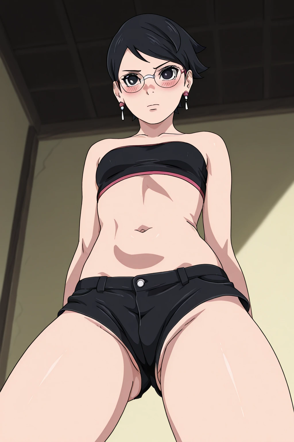 full body, spread legs, happy face, beautiful legs, beautiful face, beautiful body, detailed face, anime screencap, byakugan, hinata\(boruto\), short hair, undressing, standing, perfect body, perfect Hips, undressing her self, legs up, himawari uzumaki,