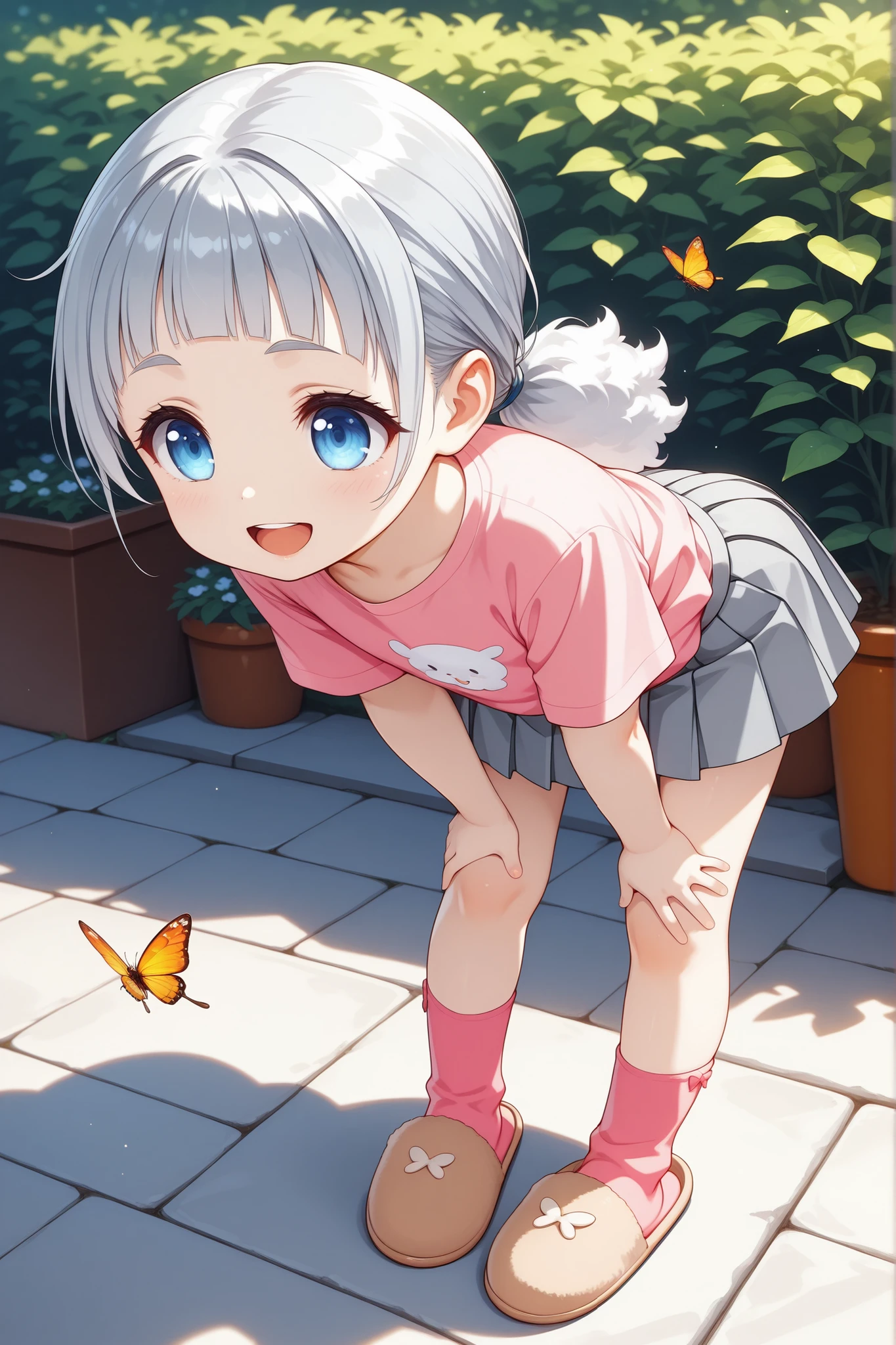 (a high quality digital drawing), (finely detailed), ((perfect anatomy)), (vibrant colors), (clear and sharp lines), 1girl, ((safe for work)), ((child)),
break,
((small round face)), ((detailed and vibrant blue eyes)), ((fair skin)), ((open mouth)),
break,
((long silver hair)), ((low ponytail)) ((smooth bangs)),
break,
((fluffy pink shirt)), ((gray pleated skirt)), ((pink socks)), ((brown slippers)),
break
((sideview of character)), ((relaxed posture)), ((leaning forward)), ((looking at a butterfly on the ground)), ((light blush)), ((big smile)), ((detailed backyard)),