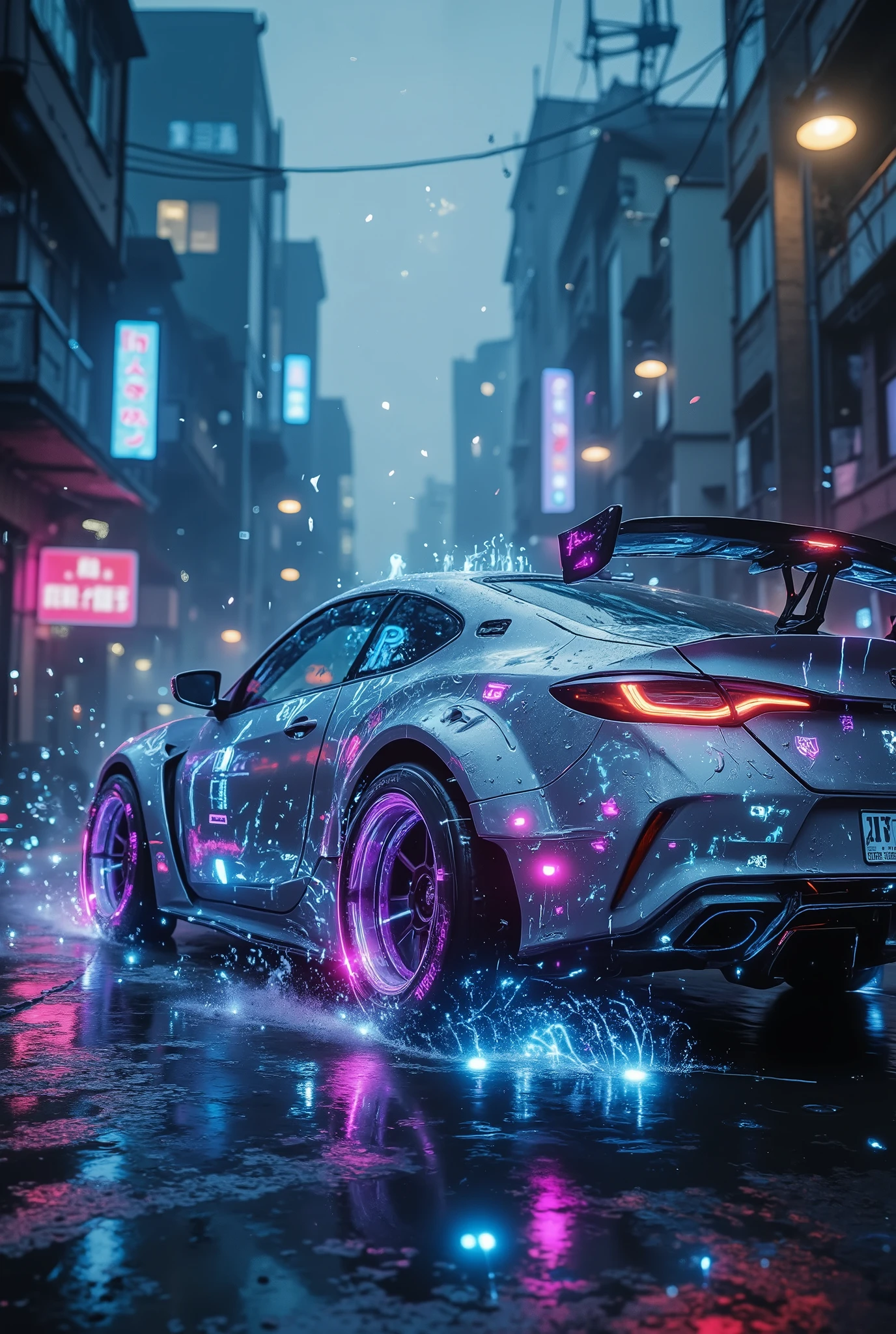 A highly detailed, cinematic close-up photograph of a luxurious, bright, silver-tinted drift car, the coupe Honda Civic 6th generation, with low suspension, turned-out wheels, spoiler dominating the frame, its sleek body decorated with mesmerizing bright neon lights that reflect off the wet ground, creating a stunning visual effect. The wide tires of the car, on which raindrops shine, seem to bounce off the asphalt, surrounded by a halo of light. Modern tall buildings in the background, whose windows sparkle like diamonds, are shrouded in a veil of rain, which adds drama and a high-octane atmosphere to the dawn scene. The low-angle camera angle creates a feeling of power and energy, as if the car is about to take off, causing the viewer's heart to beat faster. The overall mood is gloomy, gloomy and saturated, neon shades and reflected light create a kaleidoscope of colors that radiate otherworldly energy. In the middle of the day