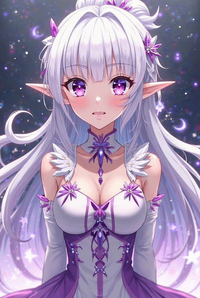 (demon, dark skin, evil princess with horn:1.5), (lavender color elegant party evil princess dress, transparent sleeves:1.2), (masterpiece*portrait, realistic, 3d face, solo, masterpiece), best quality, expressive eyes, perfect face, large breasts, smile, view from above, looking at viewer, (silver hair, finely detailed beautiful red eyes, lustrous skin, collarbone:1.5), shiny extremely long hair, (photorealistic:1.4), embarrassed, (midriff), (elegant necklace, earrings, hair accessories),