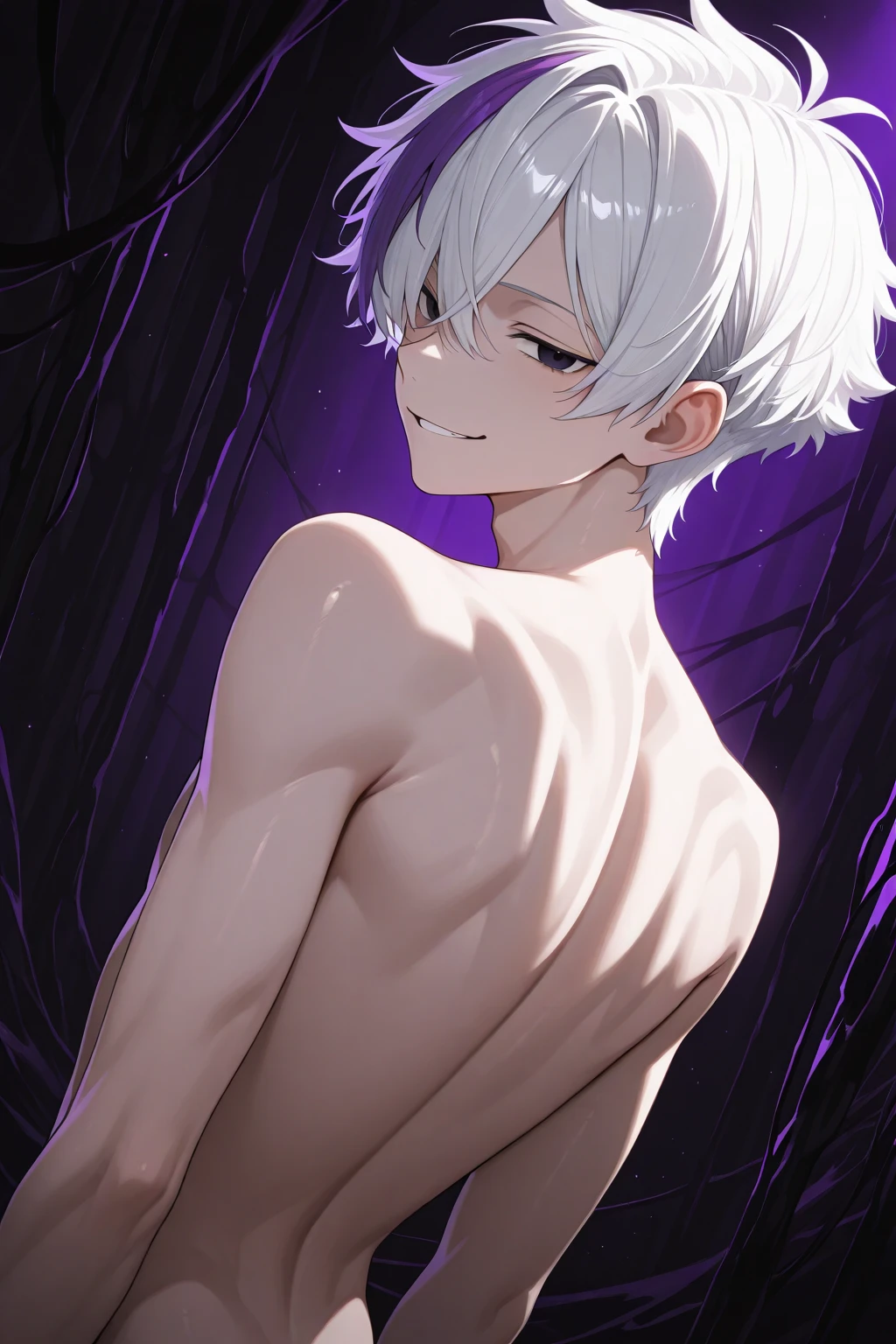 1boy, solo male, full body, male focus, highschool boy, beautiful boy, neck length white hair, small red droopy eyes, he has fair skin, he is naked, he is slender, slender body, he is smiling, he is in bathroom, erotic, masterpiece, cinematic, detailed, absurdres
