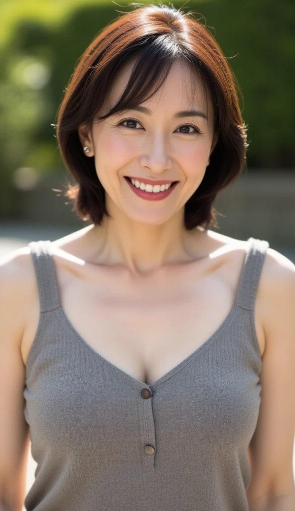 最high quality, In 8K, Masseter region, Real, Sharp focus, high quality, High resolution, Detailed face, Detailed eyes, Thick lips, (Look at the viewers), alone, Middle-aged women, , 60 years old, , Wavy Hair, Cleavage, Wearing a plain short-sleeved knit, Afternoon in front of the park garden, Wrinkles around the eyes, Smiling with teeth showing