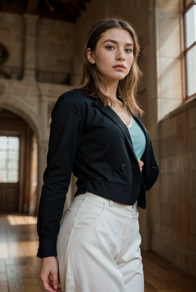 Female supermodel wears only a navy blue pantsuit and nothing below. Wall Street in Manhattan