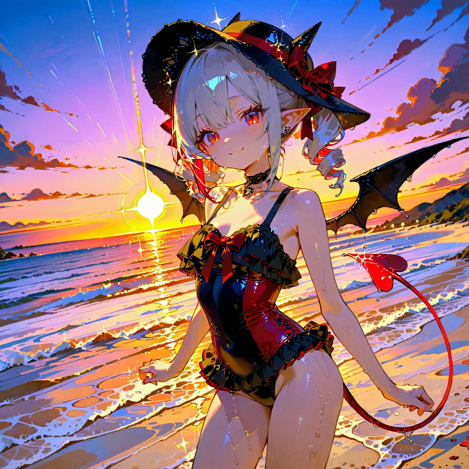 short hair,beach Background,Head Tilt,girl,Beach Background,(Demon,oni,horns), swimsuit