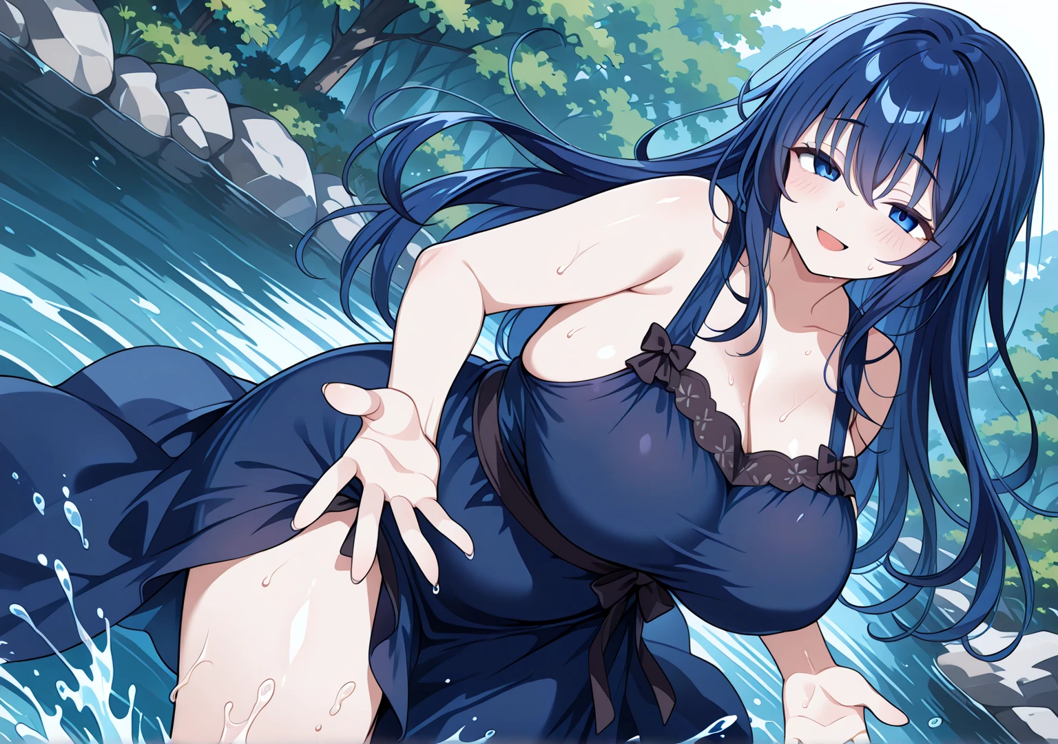 1girl, smile, nsfw, furuderika, long hair, purple eyes, blue hair, blunt bangs, ,, , large breasts, ,  , large breasts, nipple, Running, , Heavy snowfall area　frozen  , Sweating profusely, Love juice, Wet Woman,  female , crying mountain Alone, Smile Naked, solo, 1girl,, Peeing, lactation, projectile lactation