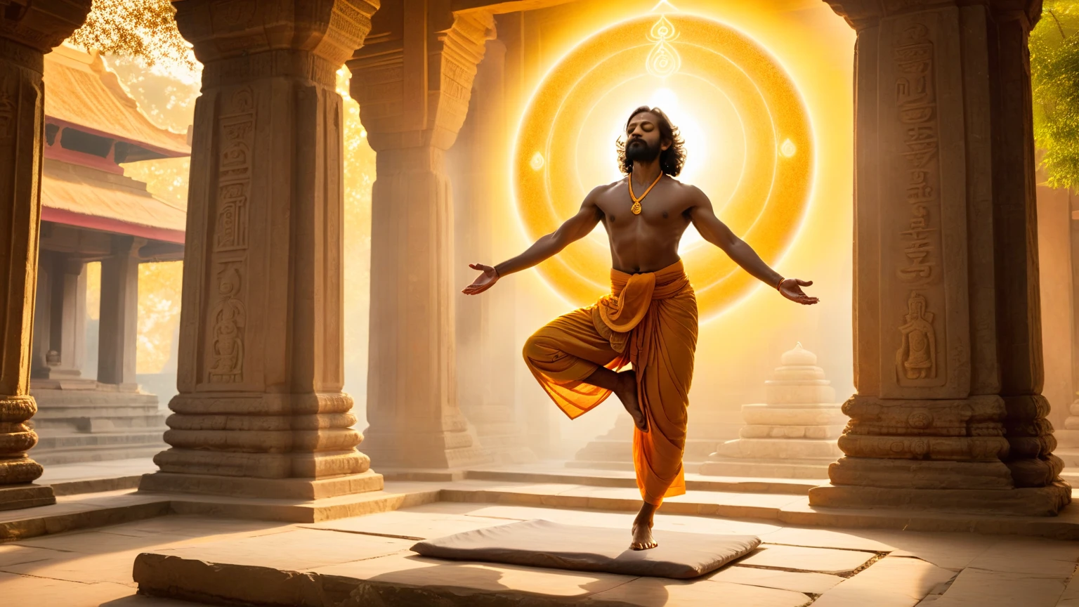 Yoga Practice: Guru Gorakhnath demonstrating a complex yoga pose or asana, with a backdrop of a historical or spiritual setting, showcasing his mastery in yoga. In dall e-3 style