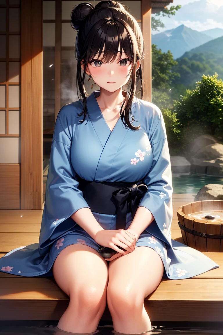 BREAK indoors, onsen,night,steam,wet,stars,starfall,hot water, BREAK looking at viewer, BREAK (masterpiece:1.2), best quality, high resolution, unity 8k wallpaper, (illustration:0.8), (beautiful detailed eyes:1.6), extremely detailed face, perfect lighting, extremely detailed CG, (perfect hands, perfect anatomy),whole body,Miku Nakano, Miku Nakano Chick III, Long Hair, Bangs, Blue Eyes, Brown hair, Hair between the eyes,Big Breasts,Cleavage,Blue Yukata,Blue yukata