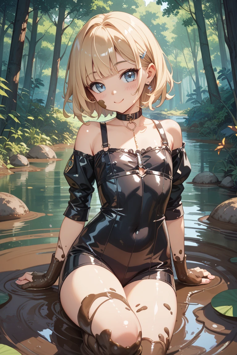 1 person,blue eyes, blonde,ponytail, Big Breasts,Black leotard,barefoot,High leg cut,Sitting, Spread your legs, Serious face,blush,Sweat,Please open your mouth wide,Haa,forest,rain,cloudy,