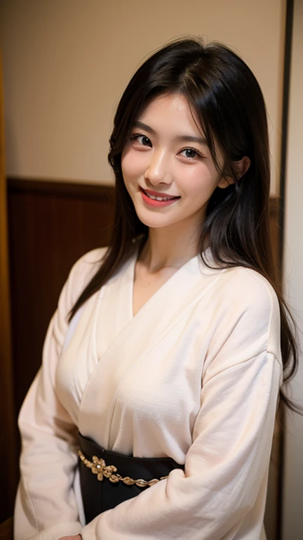 highest quality, masterpiece, Ultra-high resolution, realistic:1.3, solo:1.3, ((Clear Face)), cowboy shot, from front, leaning forward, (glowing skin), (looking at camera:1.3), (Bathrobe), standing in room, leaning forward, (medium busts:1.3), long hair, smile, soft brightness