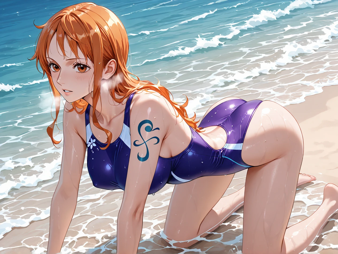 orange hair, fold, braid, long hair, orange eyes, 1girl,swimsuit, jacket, red_jacket, breasts, bikini, navel, ass_visible_through_thighs, looking_at_viewer, o-ring, sky, choker, thigh_gap, outdoors, solo, cloud, day, collarbone, multi-strapped_bikini, black_bikini, bare_shoulders, open_jacket, open_clothes, off_shoulder, cowboy_shot, black_choker, blue_sky, ocean, cleavage, skindentation, lips, medium_breasts, water, stomach, beach, track_jacket, glow effects, godrays, Hand drawn, render, 8k, octane render, cinema 4d, blender, dark, atmospheric 4k ultra detailed, cinematic, Sharp focus, big depth of field, Masterpiece, colors, 3d octane render, 4k, concept art, trending on artstation, hyperrealistic, Vivid colors, extremely detailed CG unity 8k wallpaper, trending on CGSociety, Intricate, High Detail, dramatic, steaming face, steaming, 