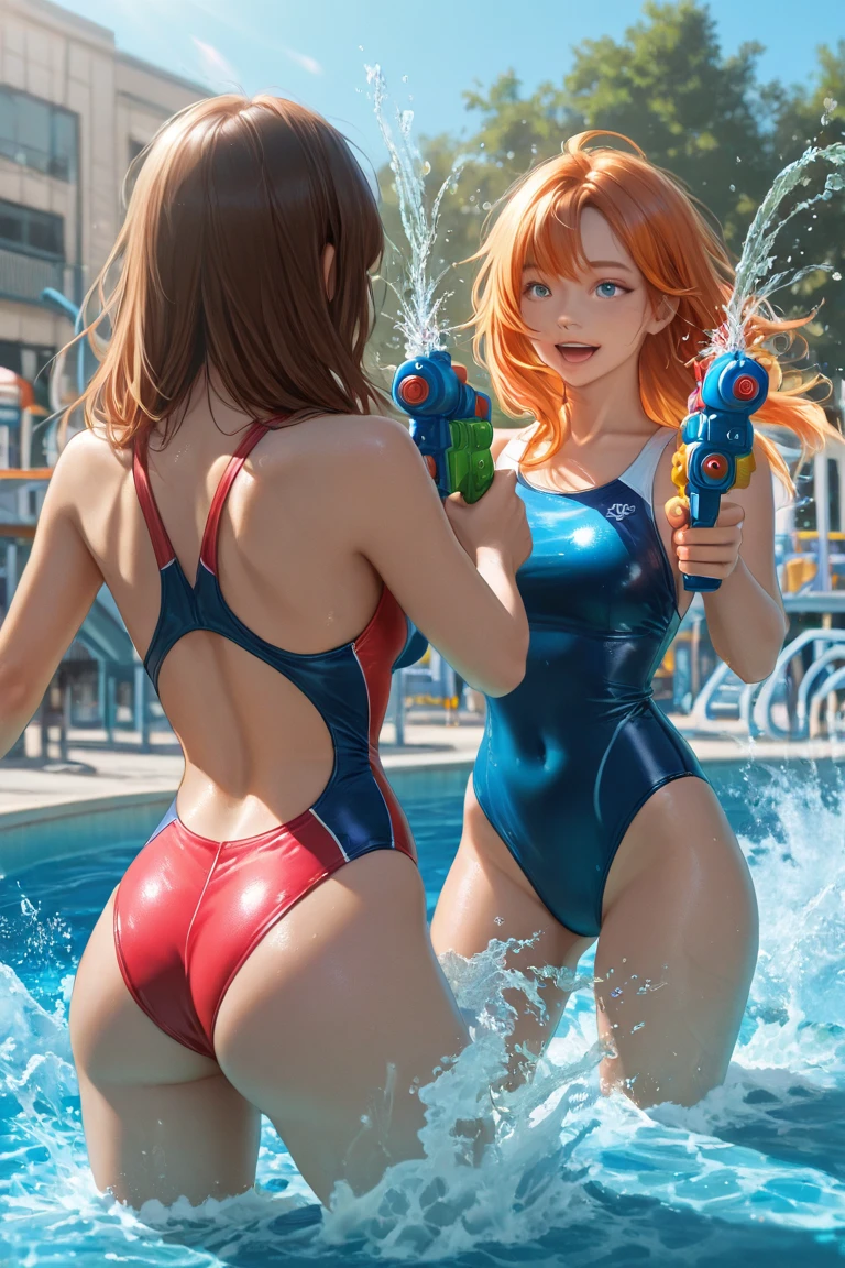 ((highest quality)), ((masterpiece)), (be familiar with), (High definition), 8K, Perfect Face, Two blonde women with cat ears, tall, 2 Blonde cat ears, 2. Long Hair, 2. Volumetric hair style, smile, Large Breasts, Narrow waist, Big Ass, glamorous, Alluring, Fluorescent camouflage bikini, (Futuristic night pool), Glowing neon sign, ((Two people swimming in the pool)), Cinematic, Best Shadow, Side lighting, NEO TOKYO, (Bust Shot:1.1), Front view