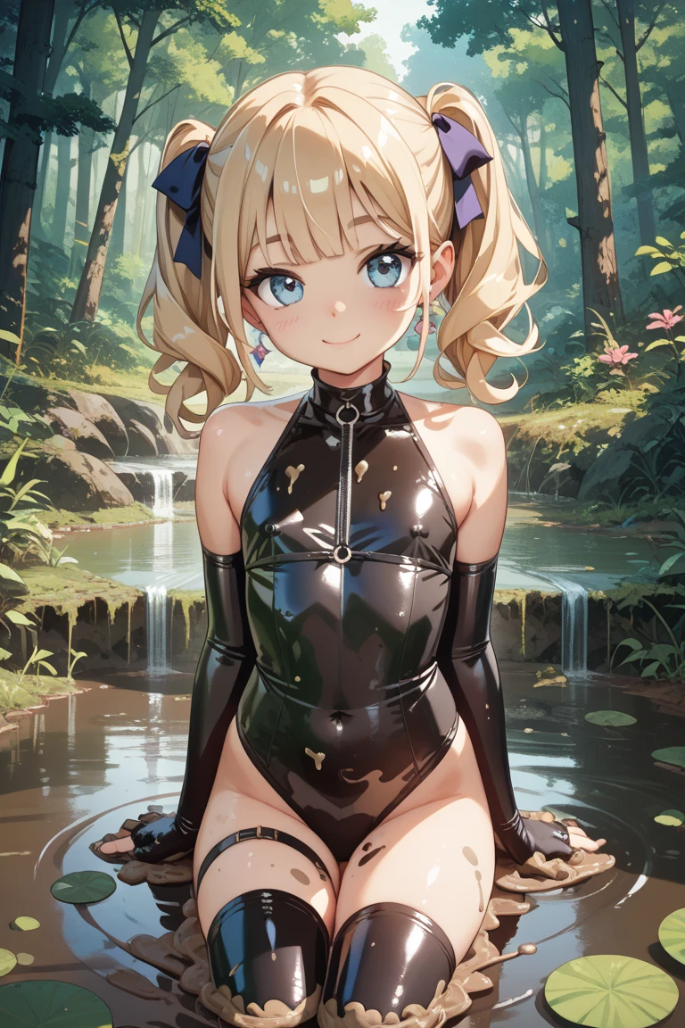 ((Highest quality)), (masterpiece)), (detailed: 1.4), Disorganized solutions、High resolution、(masterpiece:1.4)、Super detailed、Beautiful girl、Highest quality、masterpiece、Very detailed、(1 person):1.4、(Black latex swimsuit)、(Blonde):1.3、Twin tails、Short Twin tails、choker、(Dark blue eyes):1.1,(Shiny latex)、elbow fullgloves,thighhigh  boots,