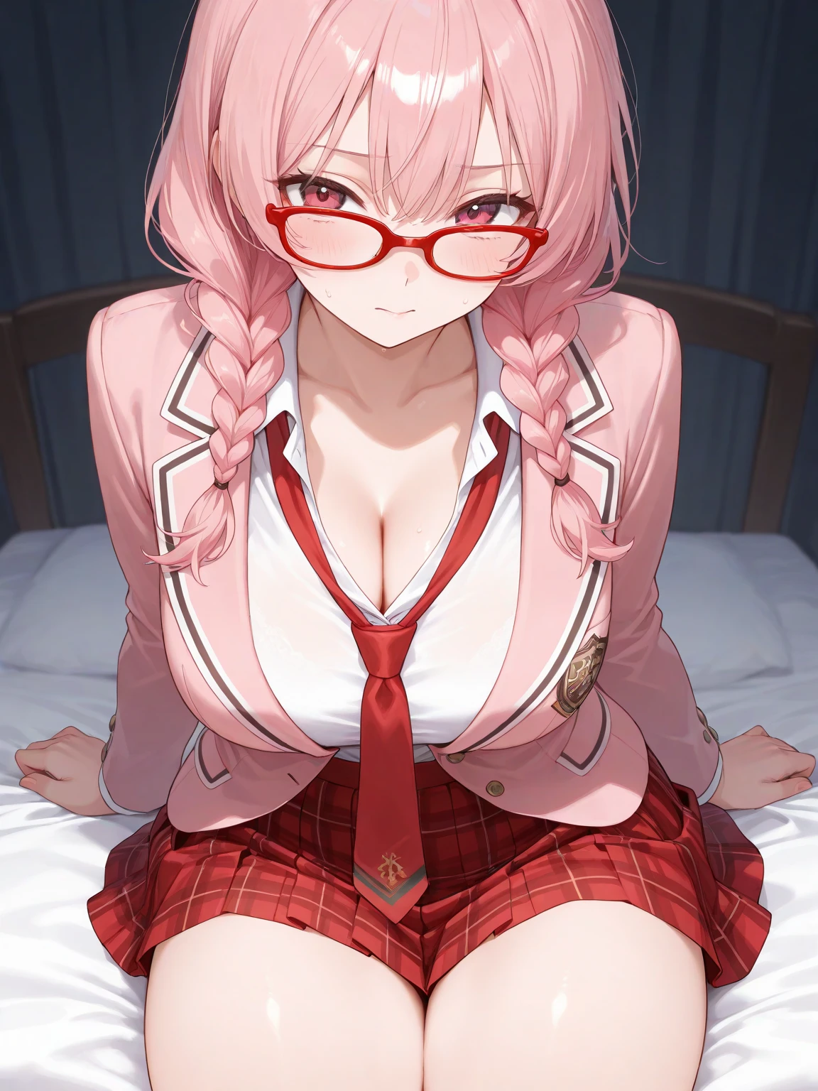 masterpiece、highest quality、1girl , solo , huge breasts、deep cleavage、light pink hair、ponytail、brightly colored eyes、blue eyes、black glasses、japanese green kimono、hakama、flashy necklace、charm、Wet、face turns red, very sweaty, dynamic pose、Lying on the futon、Headphones worn around the neck、flashy hair ornament、mesugaki、shrine