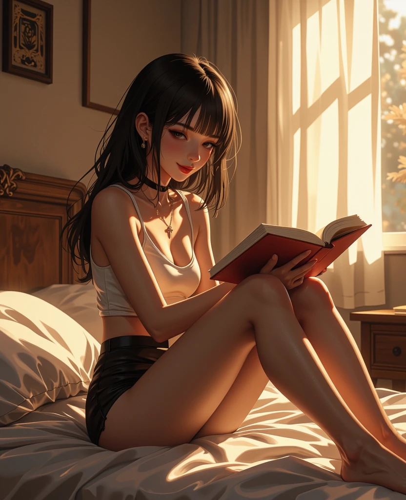 A nighttime scene with a dark sky, (view from outside the house:1.5),
window, Inside a windows, a girl ( very sexy in lingerie ) is sitting on a cozy sofa, clearly visible in close-up detail. She is absorbed in her activities, such as reading a book or watching a movie, completely unaware of being observed. The interior lights are warm and inviting, casting a soft glow that contrasts with the dark, quiet night outside