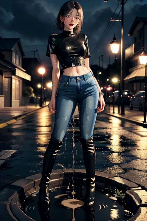 anime, highres, beautiful women, high detail, good lighting, lewd, hentai, (no nudity), (((jeans))), ((tight leather top)), (((leather boots))), bare midriff, ((wet crotch)), (((peeing herself))), (((wetting herself))), ((((peeing self))), (pee streaming down legs), peeing stain, (puddle), (thick thighs), nice long legs, lipstick, detailed face, pretty face, hair tied up, smiling invitingly, humiliated, ((on sidewalk at night)), high heels, ((standing))