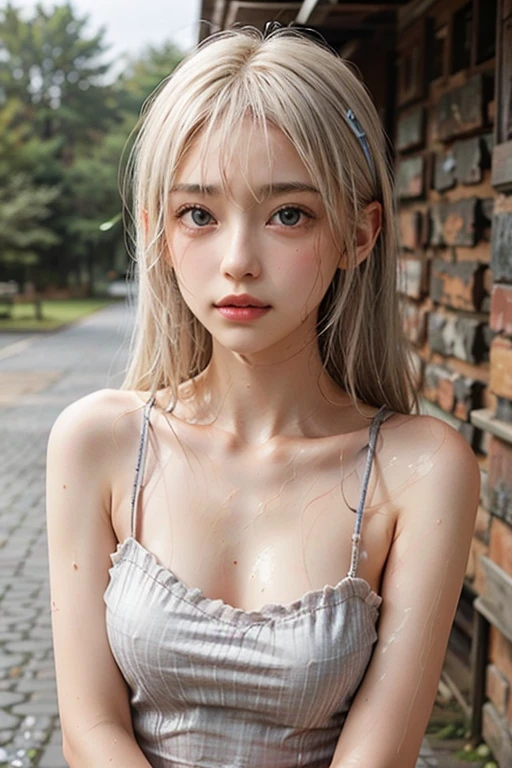 ((best quality, 8K, masterpiece: 1.3)),upper body,Between silver and blonde, sharp focus: 1.2, beautiful woman with a perfect body: 1.4, ((Medium Hair, large: 1.2)),  (small and beautiful hard (White dress), (wet from rain: 1.2), (rain, street: 1.2), wet body: 1.1, Highly detailed face and skin texture, detailed eyes, double eyelids, White skin, ash blonde,E Cup,smile,Financial district of the big city,Skyscraper,