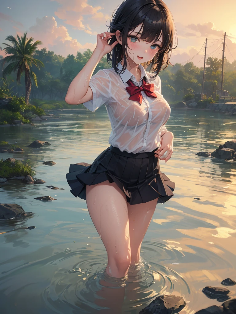 (RAW Photos:1.2),(Realistic:1.4),(masterpiece:1.3),(Highest quality:1.4),超High resolution, High resolution,8K resolution, dream-like, Check the explanation,Clarification Request,scenery,((No text)), alone focus, (whole body),View your viewers， (Fine grain),(Detailed facial features), (Detailed clothing features), (Shiny skin),(Slender girl),(Slim girl), (One girl,alone), Happy, (smile), (Small breasts), mini skirt，T-Shirts，